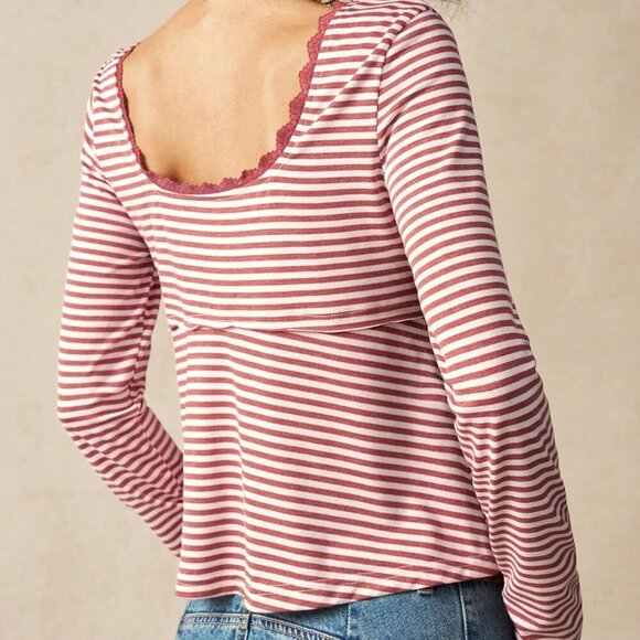 Multicolor Casual Women's Striped Square Neck Long Sleeve Fitted T-Shirt - Picture 7 of 7
